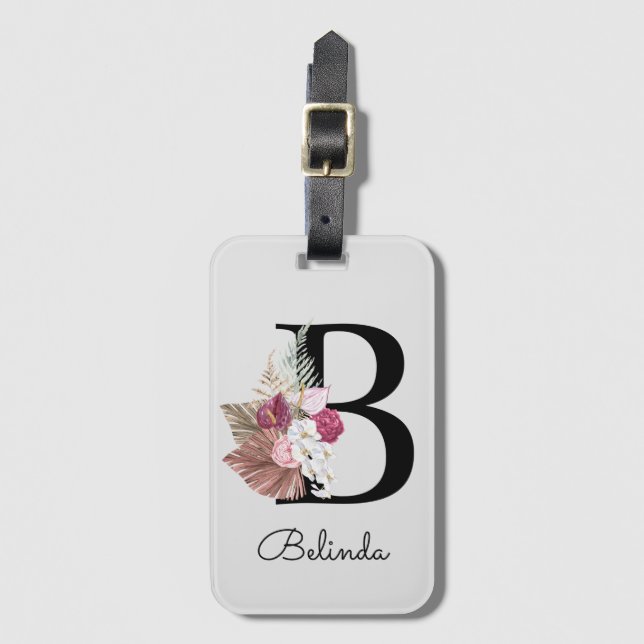 Étiquette À Bagage Moderne Rose Boho Féminin Floral Initiale B (Devant Vertical)