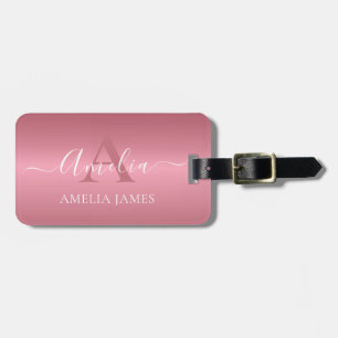 Étiquette À Bagage Moderne Rose Or brossé métal Monogrammé