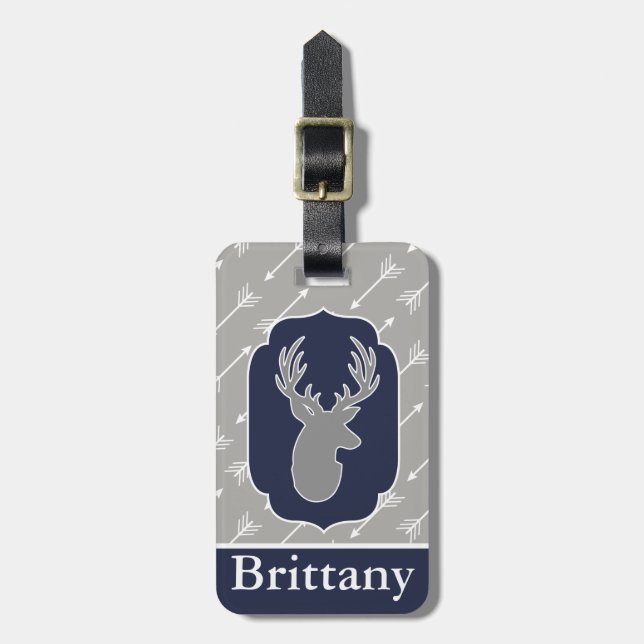 Étiquette À Bagage Moderne Russe Cerf gris & Flèches blanches Nom per (Devant Vertical)