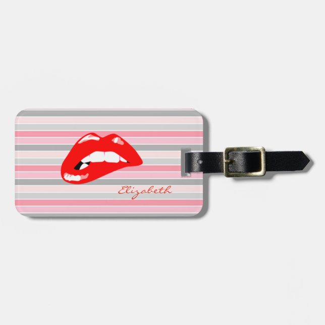 Étiquette À Bagage Moderne Striped - Lèvres Rouges, Personnalisé (Devant horizontal)
