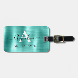 Étiquette À Bagage Moderne Style Turquoise Brossé Métal Monogramme