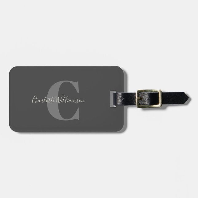Étiquette À Bagage Moderne Stylish Calligraphie Monogramme Black Grey (Devant horizontal)