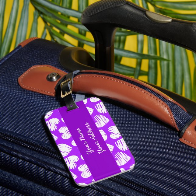 Étiquette À Bagage Moderne violet blanc Doodled Heart Valentine's Day (Insitu Rectoal 1)