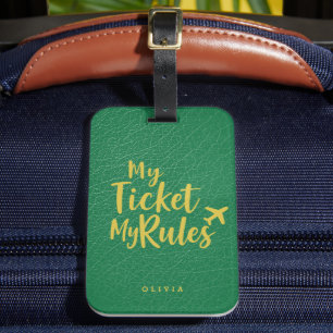 Étiquette À Bagage Mon Billet Mes Règles   Monogramme Vert Printemps 