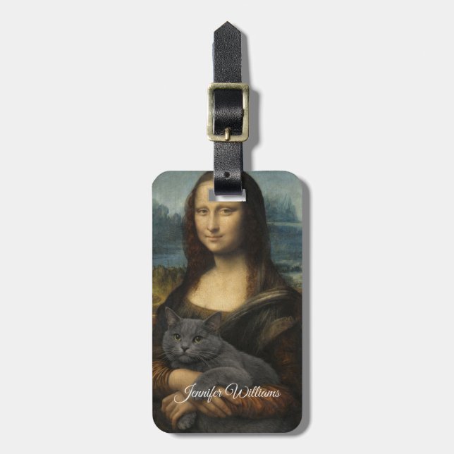 Étiquette À Bagage Mona Lisa tenant un élégant chat gris              (Devant Vertical)