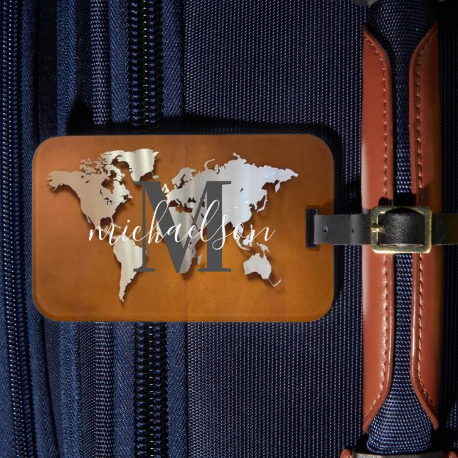Étiquette À Bagage Monde Carte Voyageur Personnalisé Nom Monogramme L (Insitu Rectoal 4)