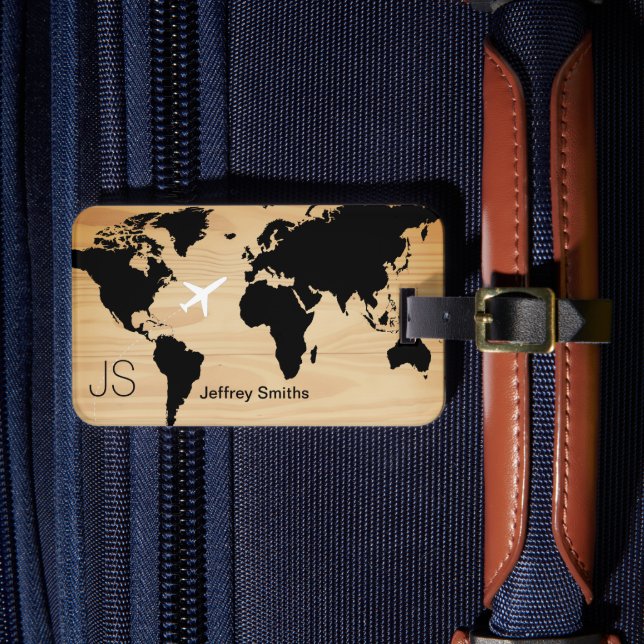Étiquette À Bagage Monde Élégant Voyageur Monogramme Nom Bois (Insitu Rectoal 4)
