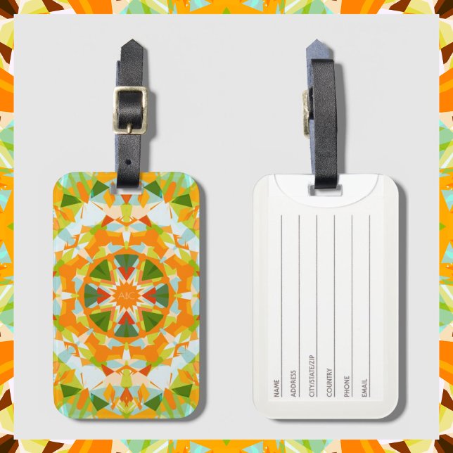 Étiquette À Bagage Monogram Bright Orange Green Magic Star Girl (Custom Monogram Bright Orange & Green Star Luggage Tag. Front and Back View.)