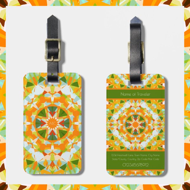 Étiquette À Bagage Monogram Bright Orange Green Magic Star Girl (Custom Text Bright Orange & Green Star Monogrammed Luggage Tag. Front and Back View.)