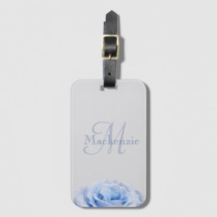 Étiquette À Bagage Monogram Dusty Blue Rose Floral Grey Nom personnal