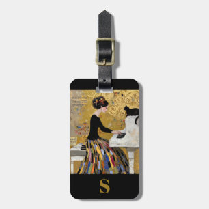 Étiquette À Bagage Monogram Gold Klimt Piano Dame avec Chat Noir