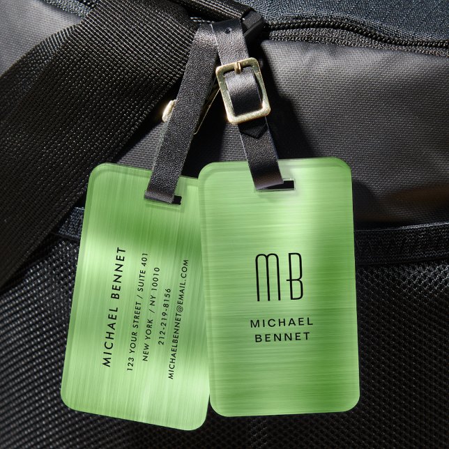 Étiquette À Bagage Monogram Green Métal Brossé  (Monogram Green Brushed Metal Luggage Tag)