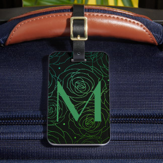 Étiquette À Bagage Monogram Initial Dark Floral Rose Green Blue