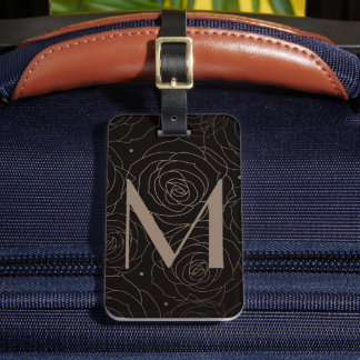 Étiquette À Bagage Monogram Initial Dark Floral Rose Neutral Gradient
