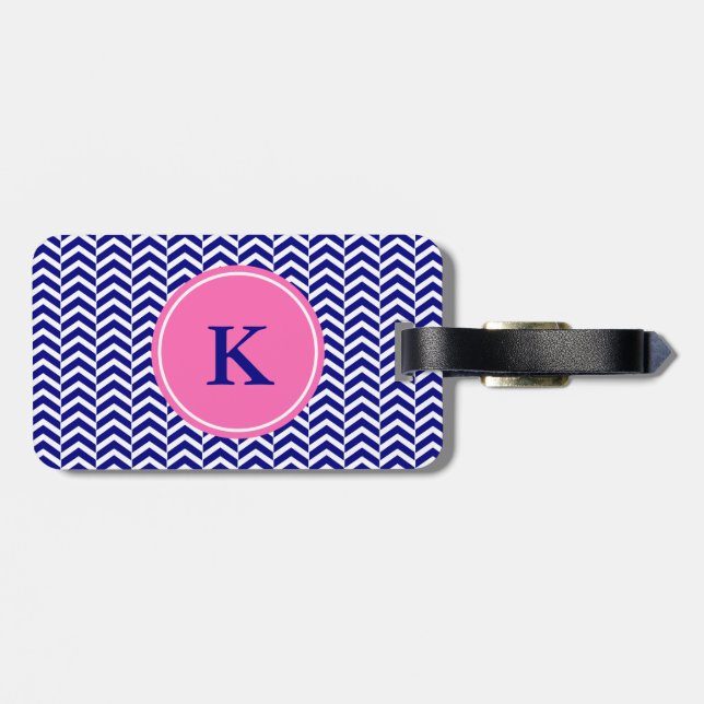 Étiquette À Bagage Monogram Navy Blue avec Motif Chevron rose chaud (Dos horizontal)