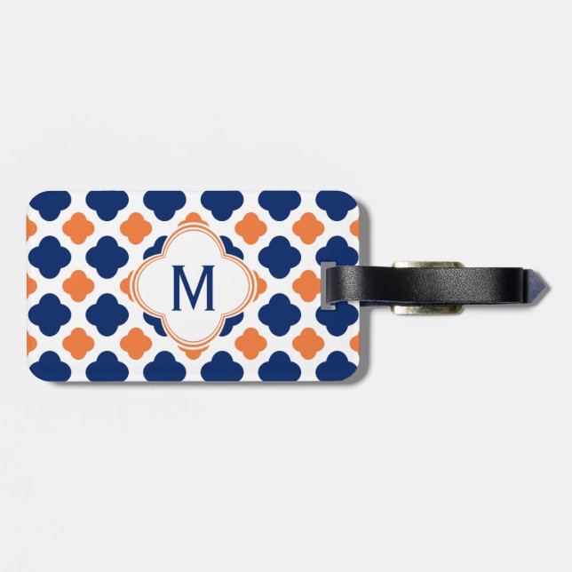 Étiquette À Bagage Monogram Orange et Royal Blue Quatrefoil (Dos horizontal)