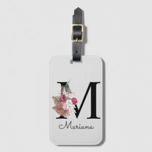Étiquette À Bagage Monogram Pink Boho Girly Floral Initial M