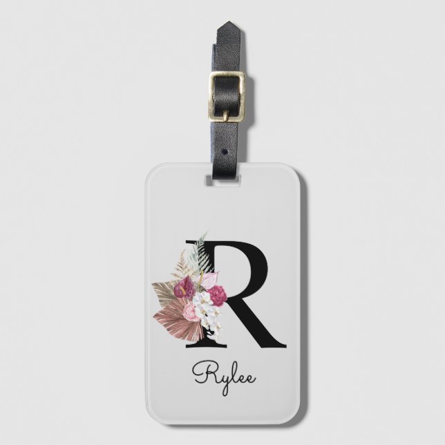 Étiquette À Bagage Monogram Pink Boho Girly Floral Initial R (Devant Vertical)