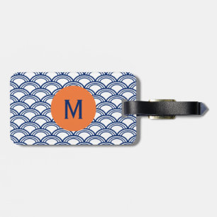 Étiquette À Bagage Monogram Royal Blue Seigaiha Motif avec Orange