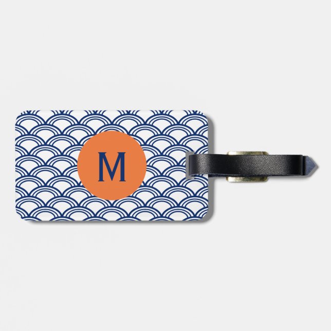 Étiquette À Bagage Monogram Royal Blue Seigaiha Motif avec Orange (Dos horizontal)