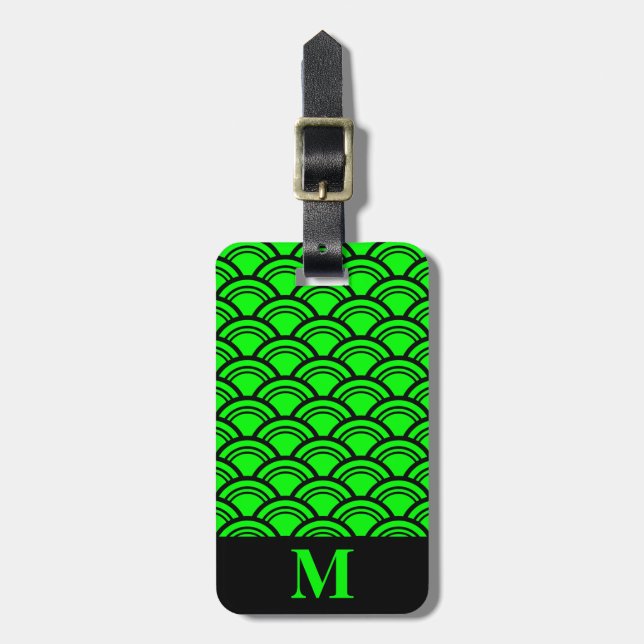 Étiquette À Bagage Monogram Vert Citron Art Déco Coquille Écailles de (Devant Vertical)