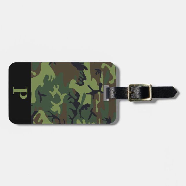 Étiquette À Bagage Monogram Vert Marron Noir Camo Camouflage Noir (Devant horizontal)