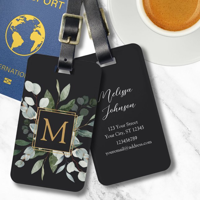 Étiquette À Bagage Monogram Watercolor Tropical Green Leaves (In situ)