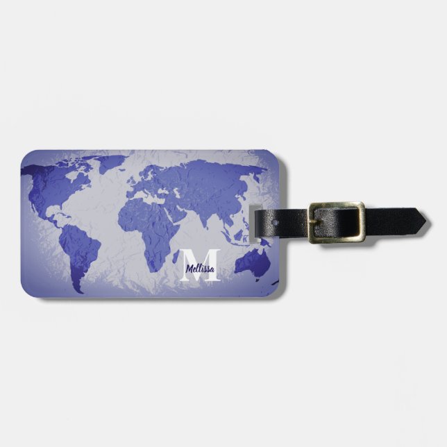 Étiquette À Bagage Monogram World Map Blue Artsy Name Gift Favor (Devant horizontal)