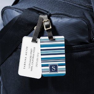 Étiquette À Bagage Monogramme à bandes multiples bleu et blanc