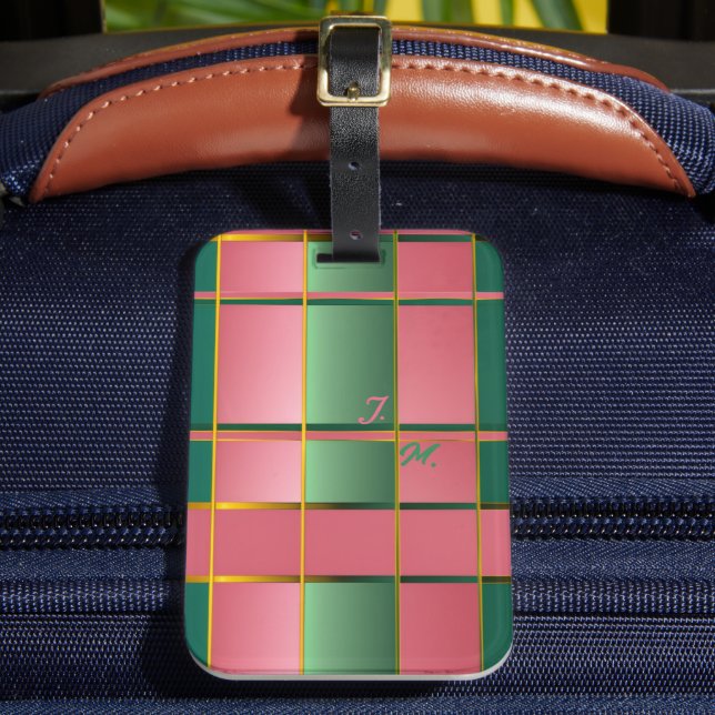 Étiquette À Bagage Monogramme à blocs de couleur rose et vert élégant (Insitu Rectoal 2)