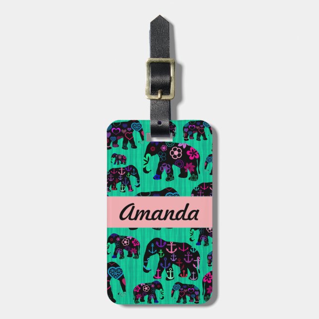 Étiquette À Bagage Monogramme à la mode de coeurs d'Ancres de fleurs (Devant Vertical)