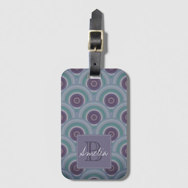 Étiquette À Bagage Monogramme à motif de cercles rétro violet et vert (Devant Vertical)