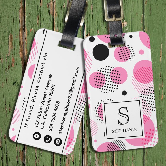 Étiquette À Bagage Monogramme à motif de points de cercle rose et noi (Créateur téléchargé)
