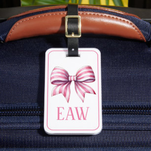 Étiquette À Bagage Monogramme à nœud papillon aquarelle rose et blanc