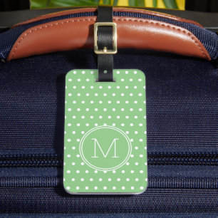 Étiquette À Bagage Monogramme à points de polka vert et blanc