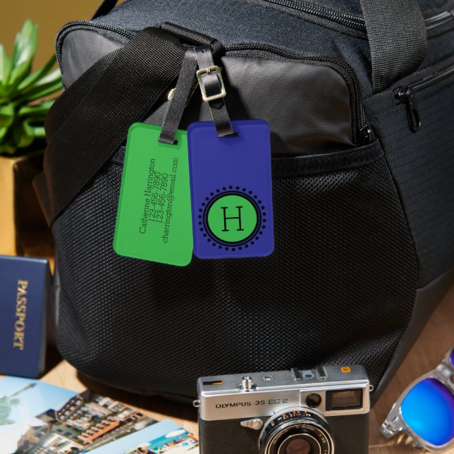 Étiquette À Bagage Monogramme à pois bleu marine et vert (Recto & Verso)