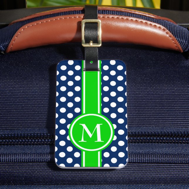 Étiquette À Bagage Monogramme à pois vert et bleu marine (Insitu Rectoal 2)
