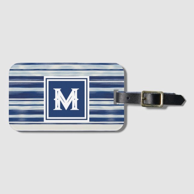 Étiquette À Bagage Monogramme à rayures bleues et blanches (Devant Horizontal)