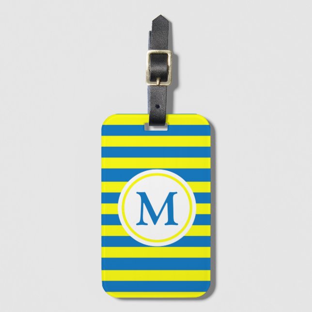Étiquette À Bagage Monogramme à rayures jaunes et bleues (Devant Vertical)
