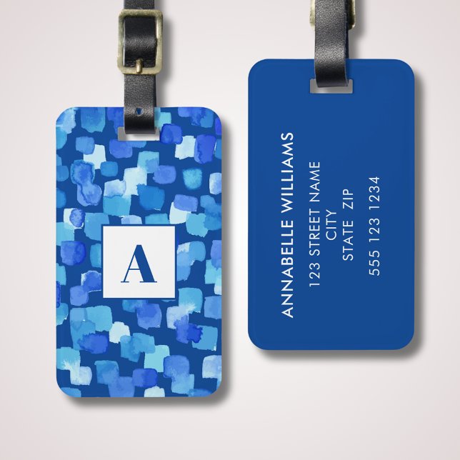 Étiquette À Bagage monogramme Abstrait bleu (Modern blue abstract luggage tag with monogram and contact details to the reverse side.)