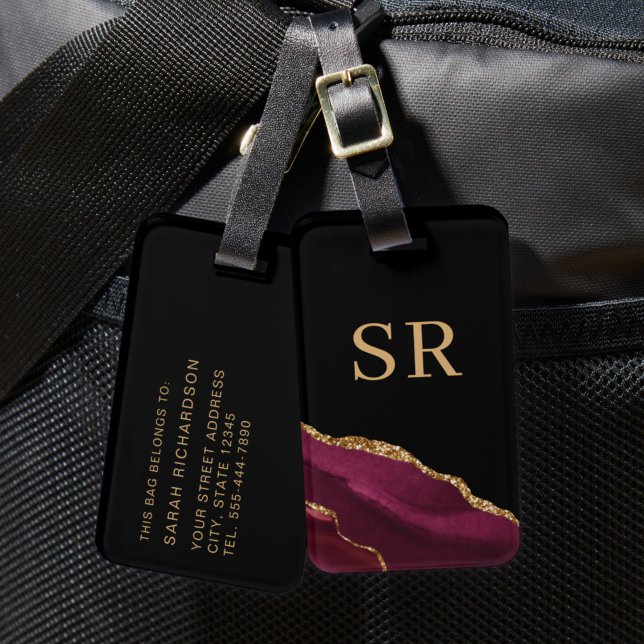 Étiquette À Bagage Monogramme Agate Or Rouge Bourgogne (Créateur téléchargé)