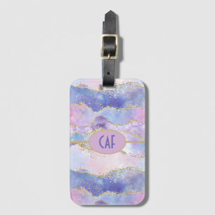 Étiquette À Bagage Monogramme Agate Paillettes Tendance Bleu Rose Vio