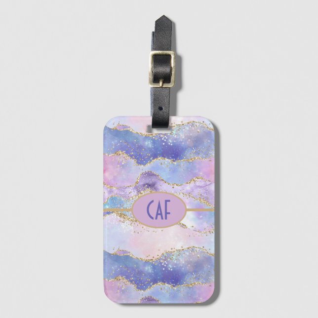 Étiquette À Bagage Monogramme Agate Paillettes Tendance Bleu Rose Vio (Devant Vertical)