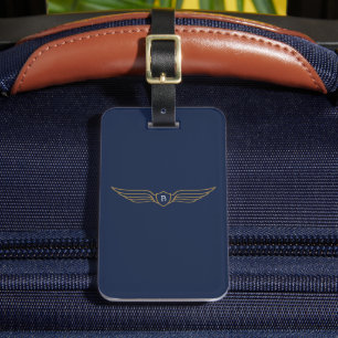 Étiquette À Bagage Monogramme Ailes de Pilote Luxe Bleu Nuit Or