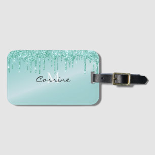 Étiquette À Bagage Monogramme Aqua Parties scintillant à gouttes bleu