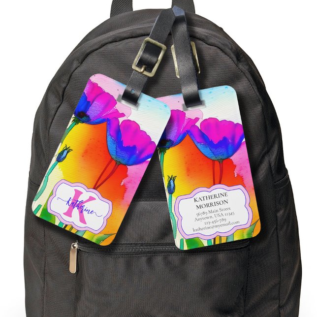 Étiquette À Bagage Monogramme Aquarelle Floral Personnalisé Pépites r (Custom Monogam Floral Luggage Tags with Initial, Name, Contact Info, and Bright Poppies.)