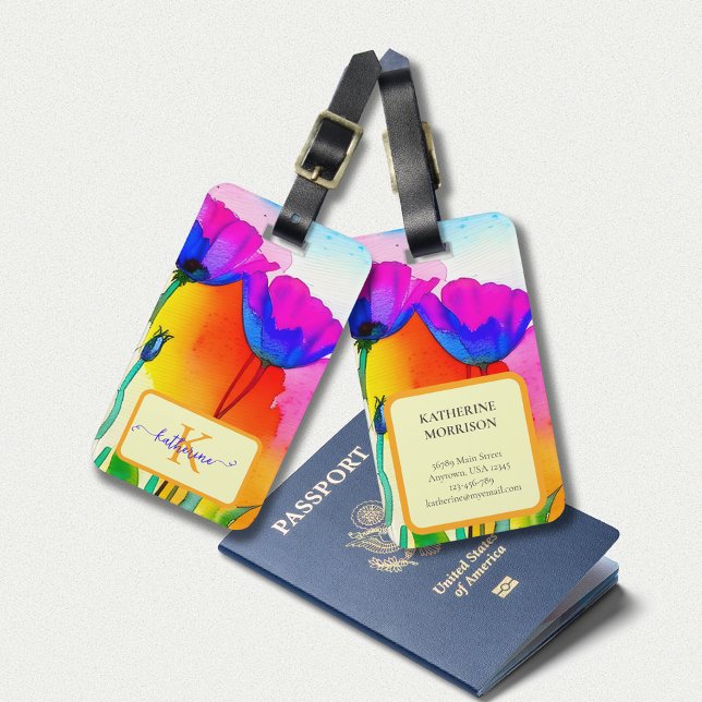 Étiquette À Bagage Monogramme Aquarelle Florale brillante Californie  (Monogram 2-Sided Luggage Tag with Bright California Poppies and Modern Typography.)