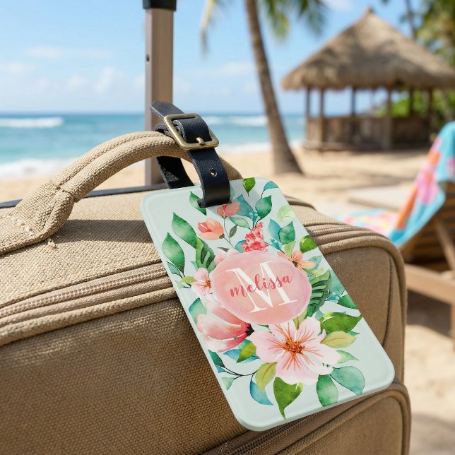 Étiquette À Bagage Monogramme aquarelle florale Paradis (Créateur téléchargé)