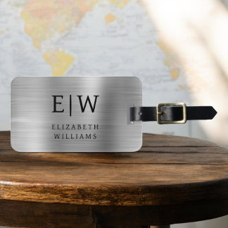 Étiquette À Bagage Monogramme argent brossé métal élégant