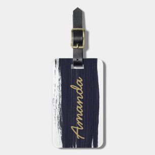 Étiquette À Bagage Monogramme aux coups de pinceau aquarelle bleu mar